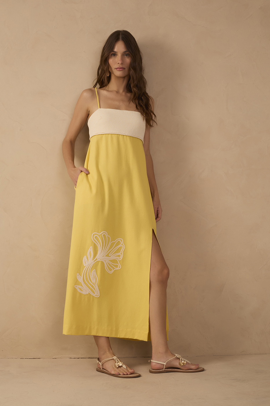 Yellow Embroidered Smocked Midi Dress_1