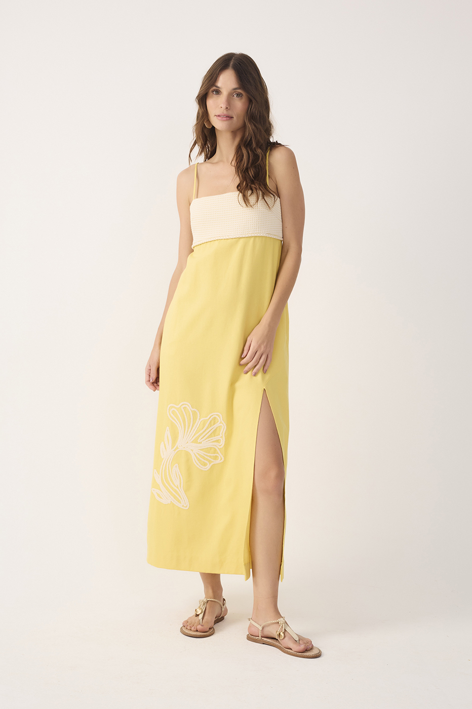 Yellow Embroidered Smocked Midi Dress_2