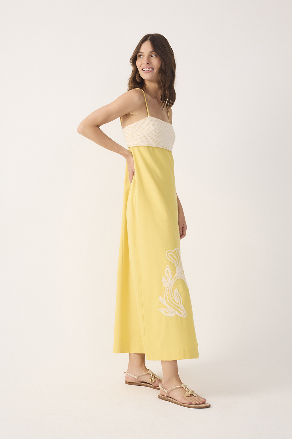 Yellow Embroidered Smocked Midi Dress_3