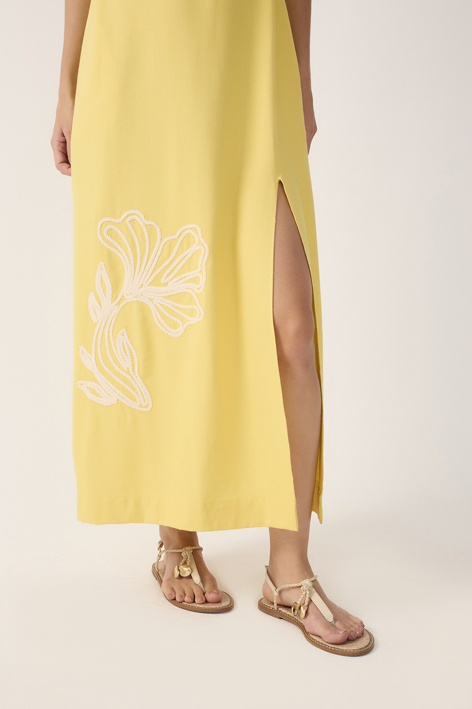 Yellow Embroidered Smocked Midi Dress_5