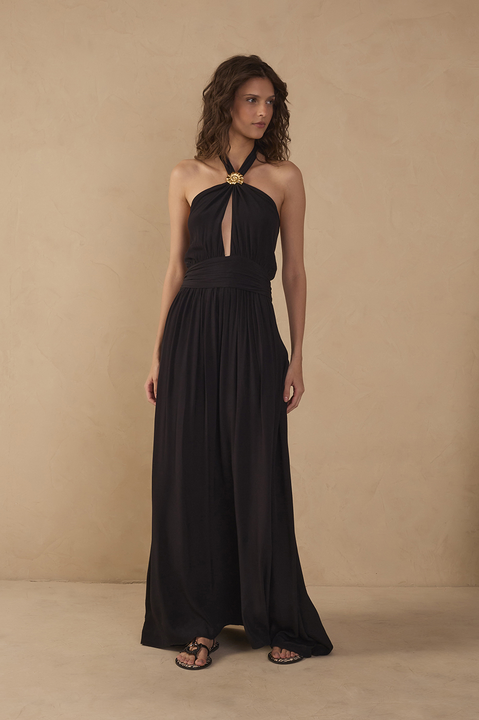 Black Ruched Halter Crepe Maxi Dress_1