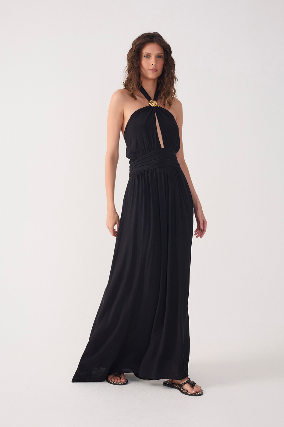 Black Ruched Halter Crepe Maxi Dress_2