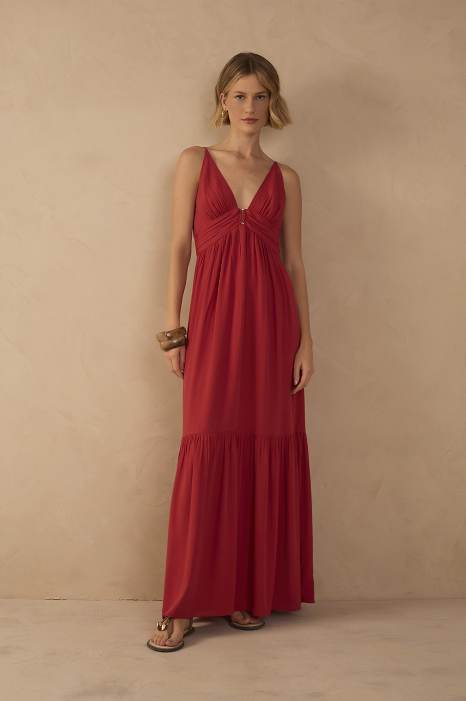Red Tiered Sleeveless Crepe Maxi Dress_1
