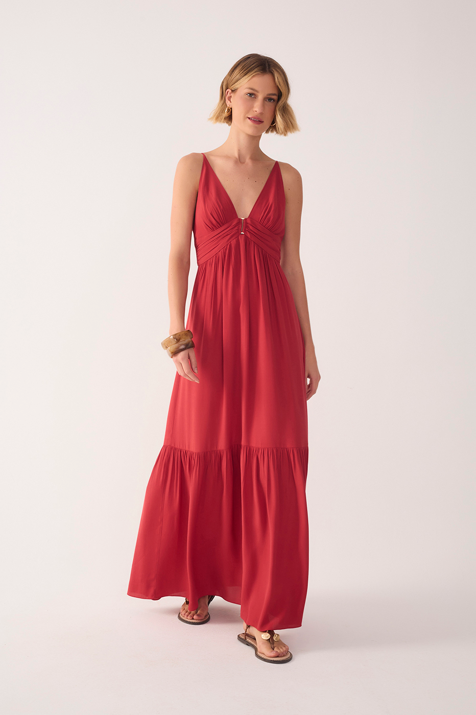Red Tiered Sleeveless Crepe Maxi Dress_2