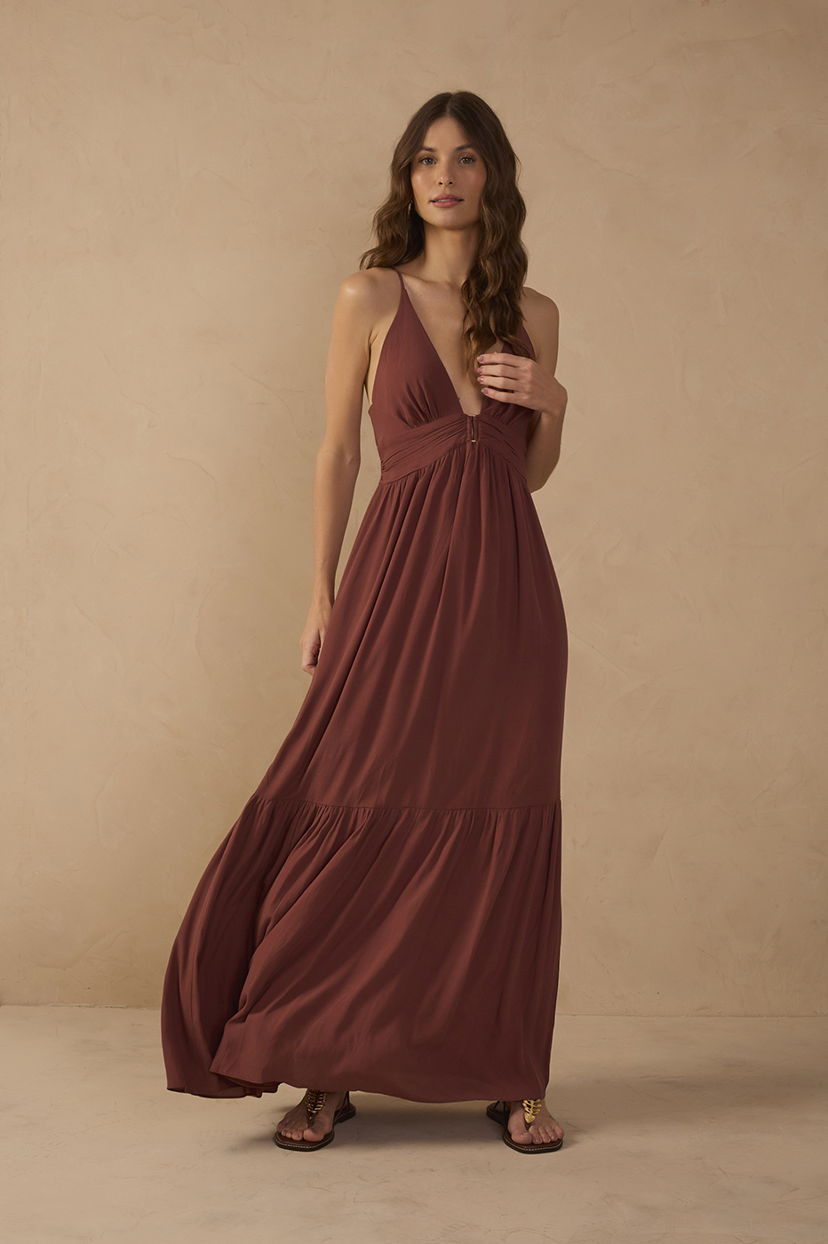 Brown Tiered Sleeveless Crepe Maxi Dress_1