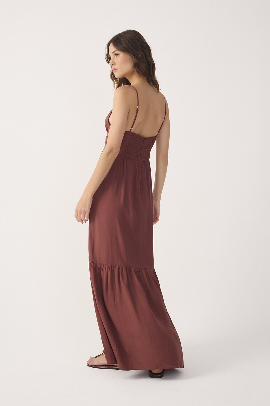 Brown Tiered Sleeveless Crepe Maxi Dress_6