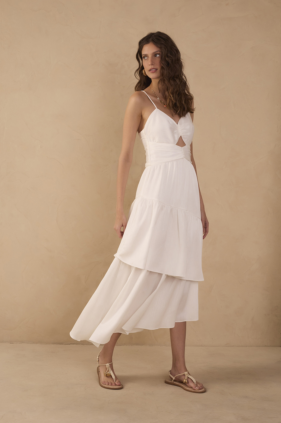 Off-White Ruched Tiered Midi Dress_1