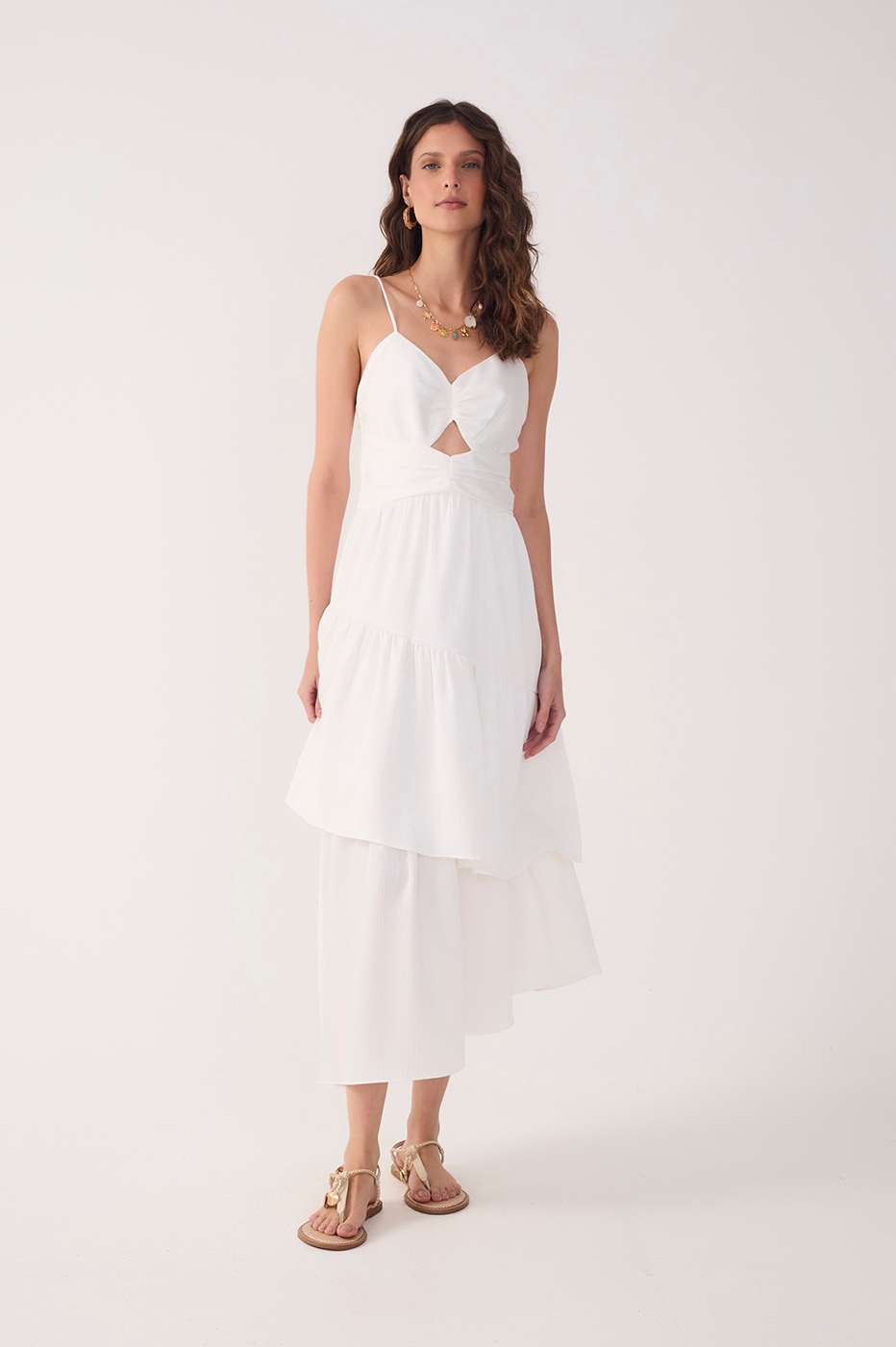 Off-White Ruched Tiered Midi Dress_2