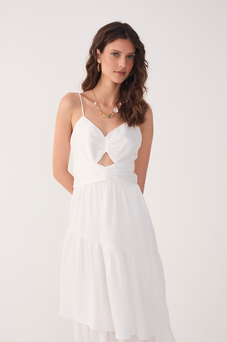 Off-White Ruched Tiered Midi Dress_4