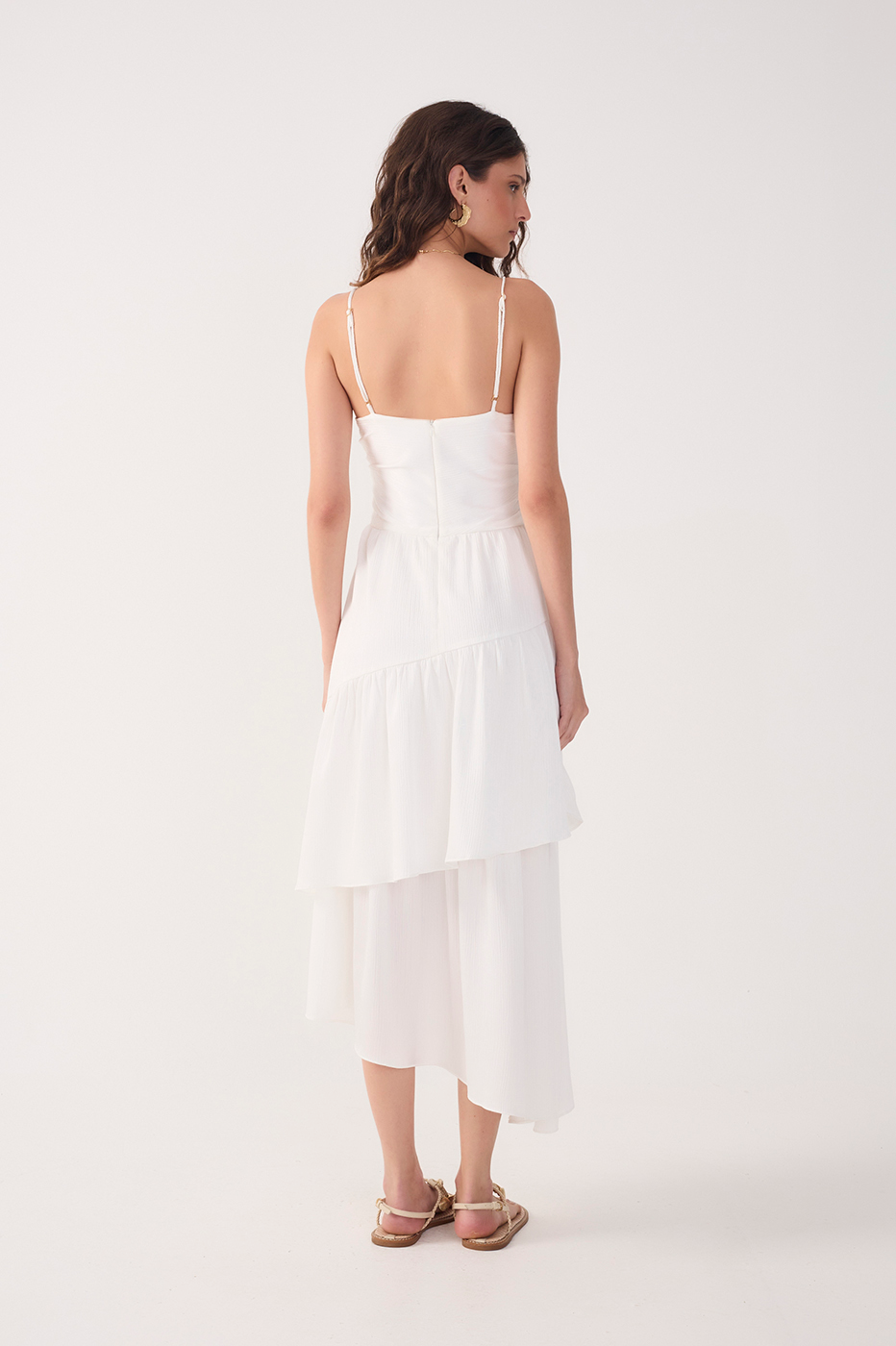 Off-White Ruched Tiered Midi Dress_6