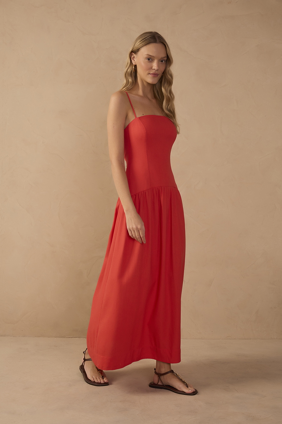 Red Smocked Spaghetti Straps Midi Dress_1