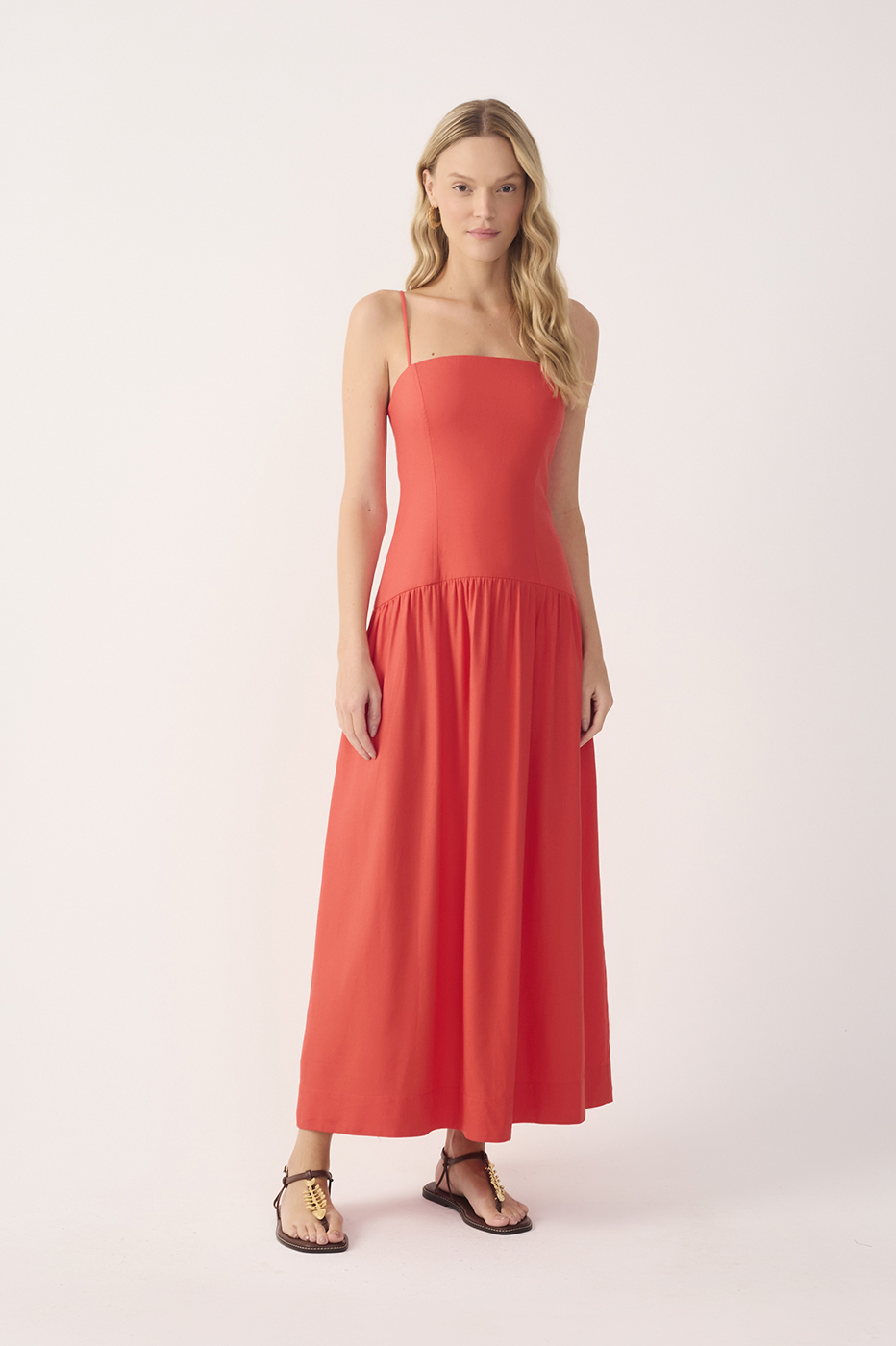 Red Smocked Spaghetti Straps Midi Dress_2
