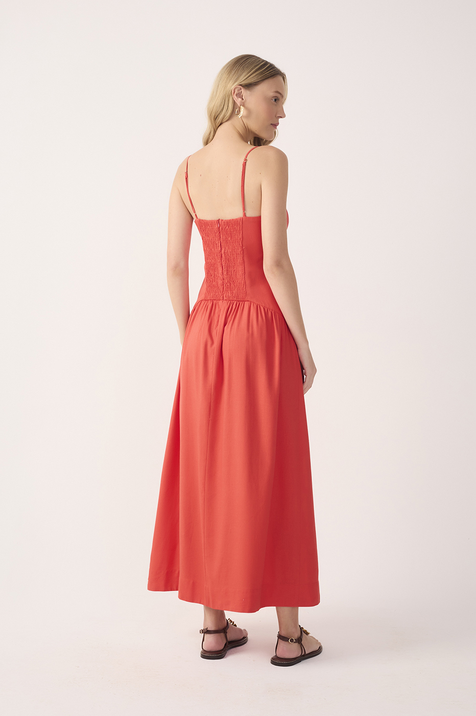 Red Smocked Spaghetti Straps Midi Dress_5