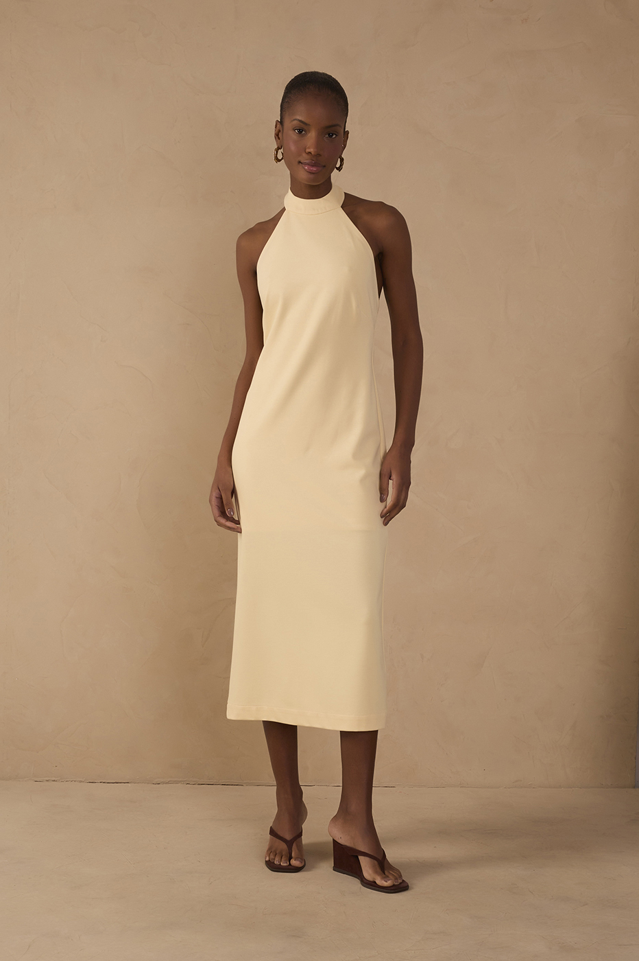 Beige Halter Neck Tailored Midi Dress_1