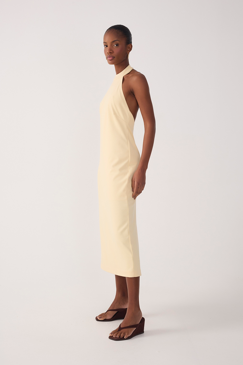 Beige Halter Neck Tailored Midi Dress_3