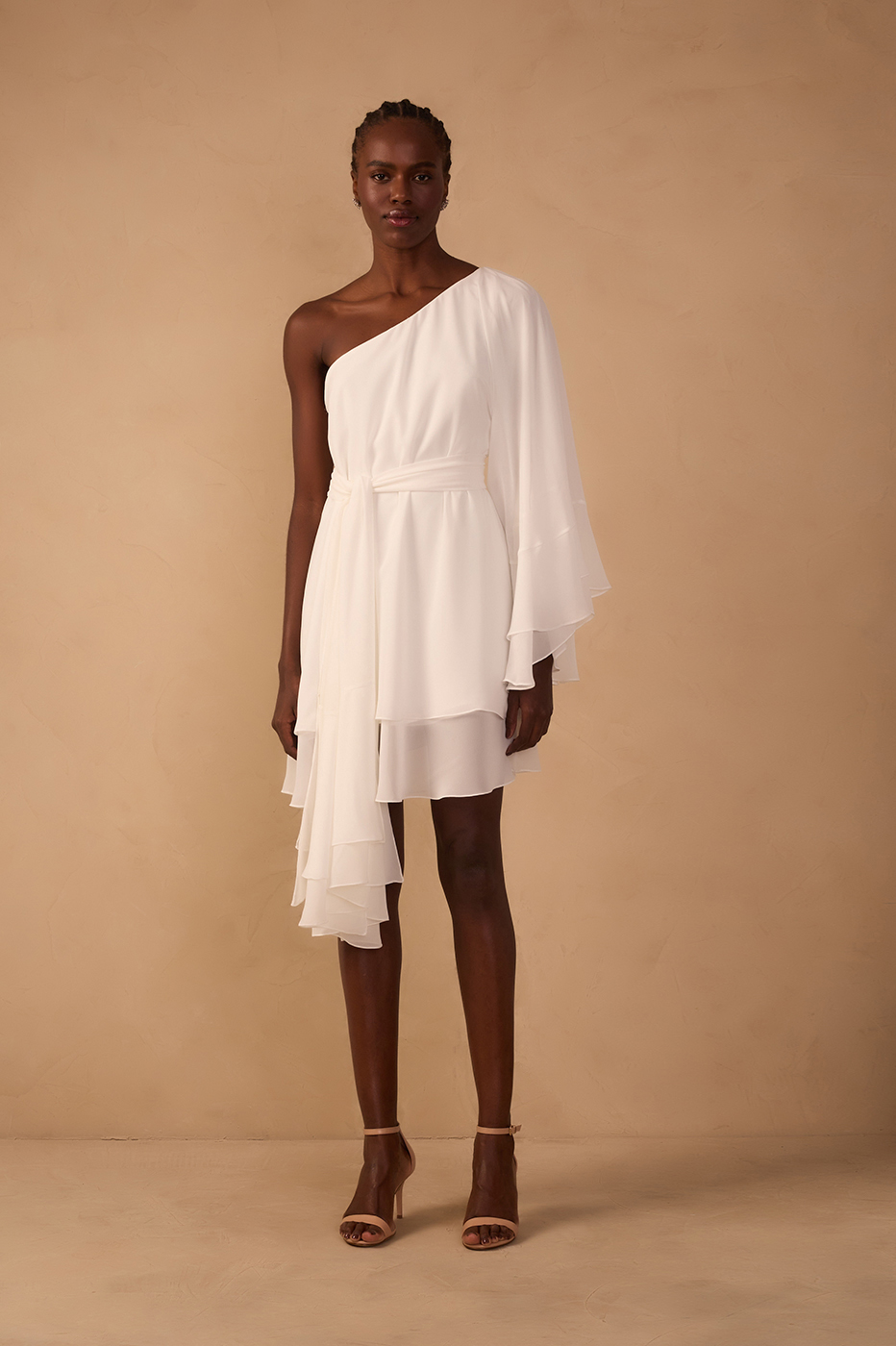 Off White Asymmetric One-Shoulder Chiffon Gown with Waist Tie -  Thati Amorim Collection_1