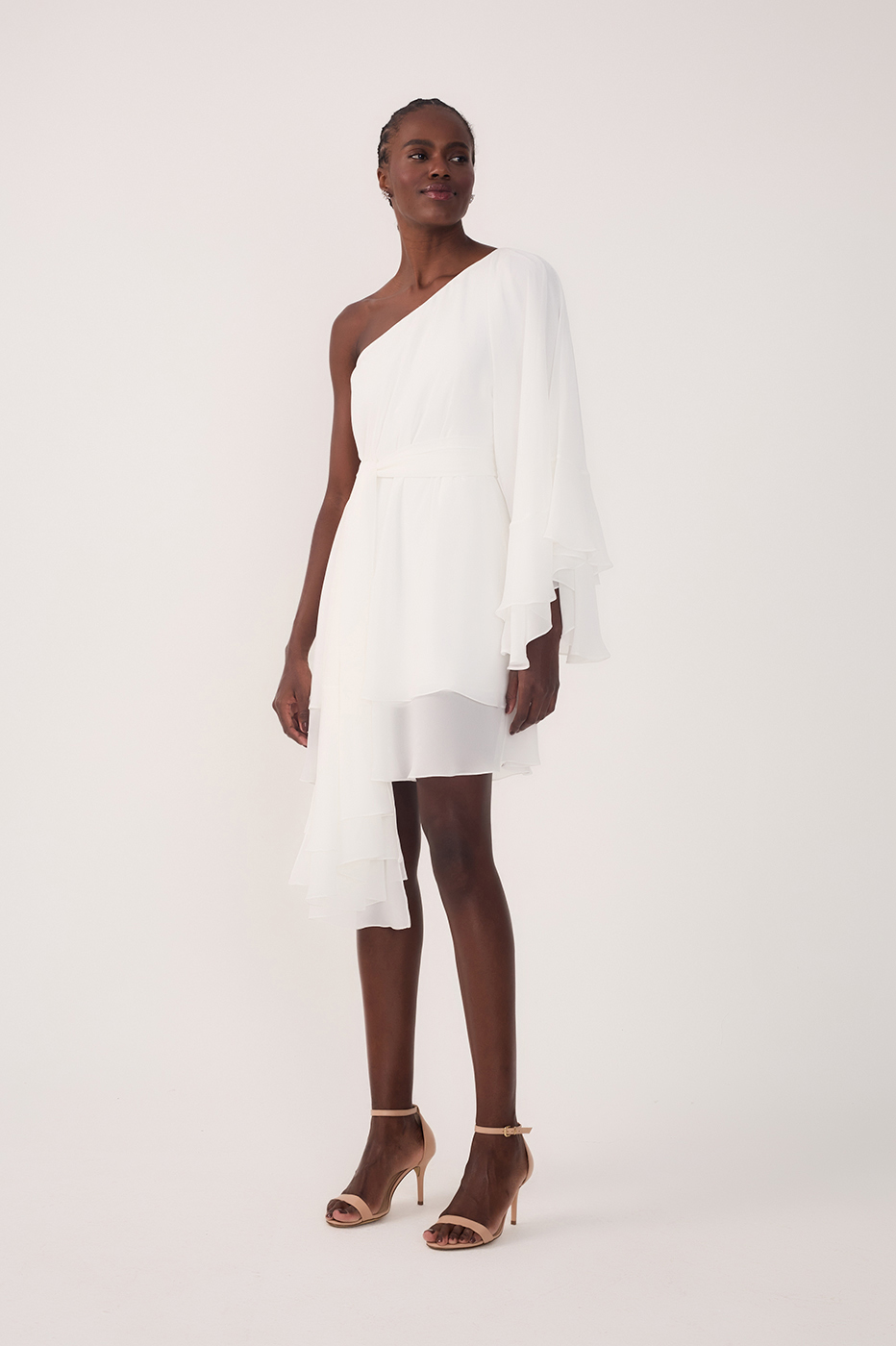 Off White Asymmetric One-Shoulder Chiffon Gown with Waist Tie -  Thati Amorim Collection_2