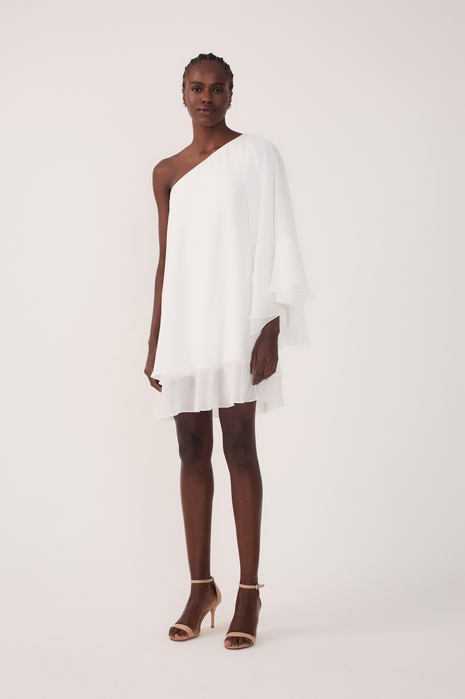Off White Asymmetric One-Shoulder Chiffon Gown with Waist Tie -  Thati Amorim Collection