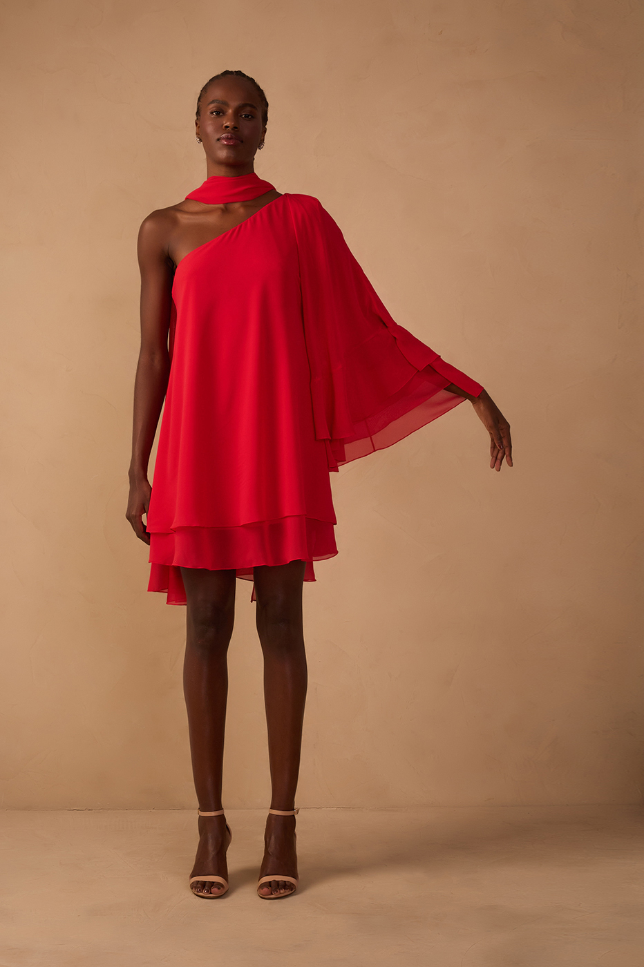 Sunset Red Asymmetric One-Shoulder Chiffon Gown with Waist Tie – Thati Amorim Collection