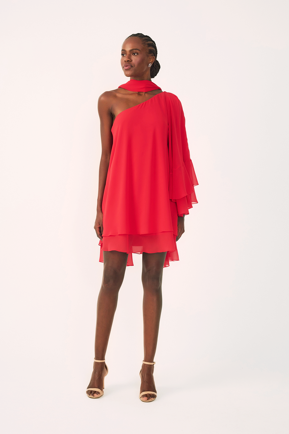 Sunset Red Asymmetric One-Shoulder Chiffon Gown with Waist Tie – Thati Amorim Collection_2