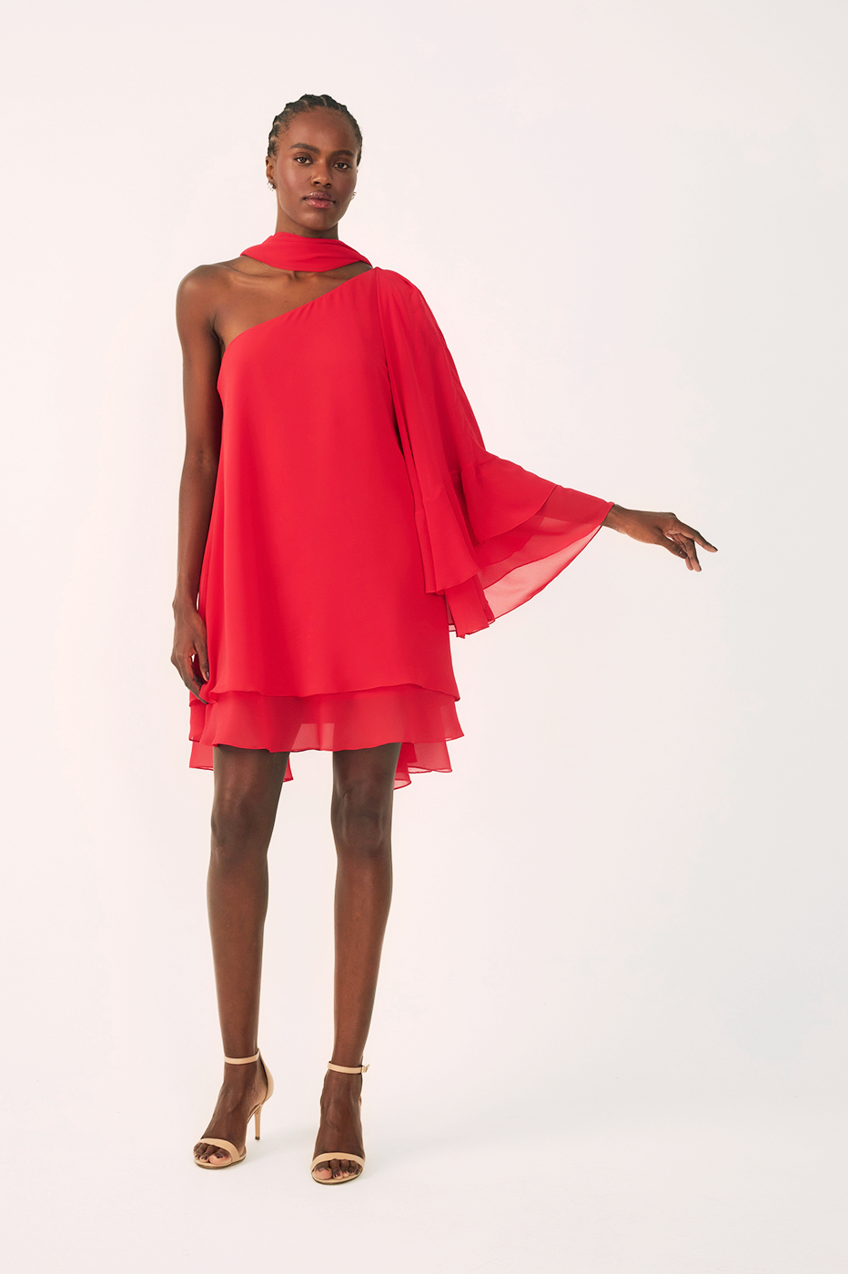 Sunset Red Asymmetric One-Shoulder Chiffon Gown with Waist Tie – Thati Amorim Collection_3