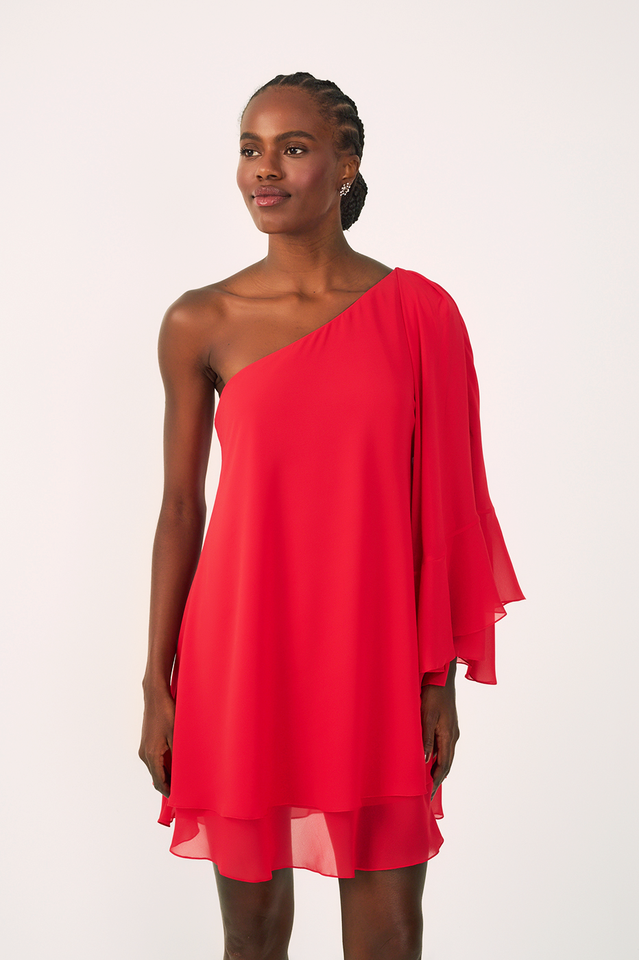 Sunset Red Asymmetric One-Shoulder Chiffon Gown with Waist Tie – Thati Amorim Collection