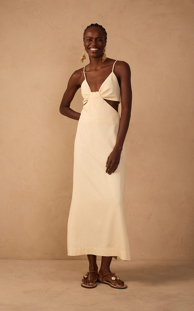 Beige Cut-Out Side Slits Linen Midi Dress_1