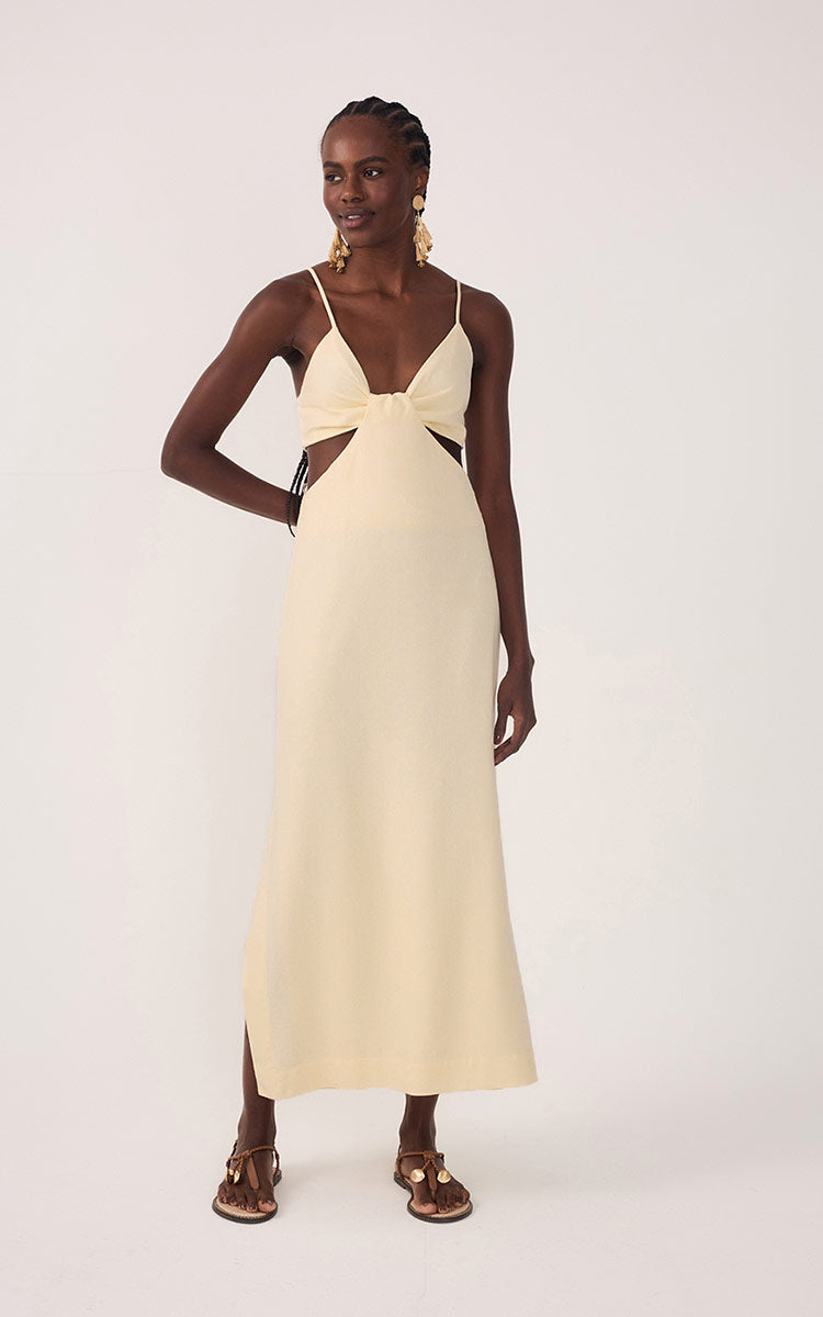 Beige Cut-Out Side Slits Linen Midi Dress_2