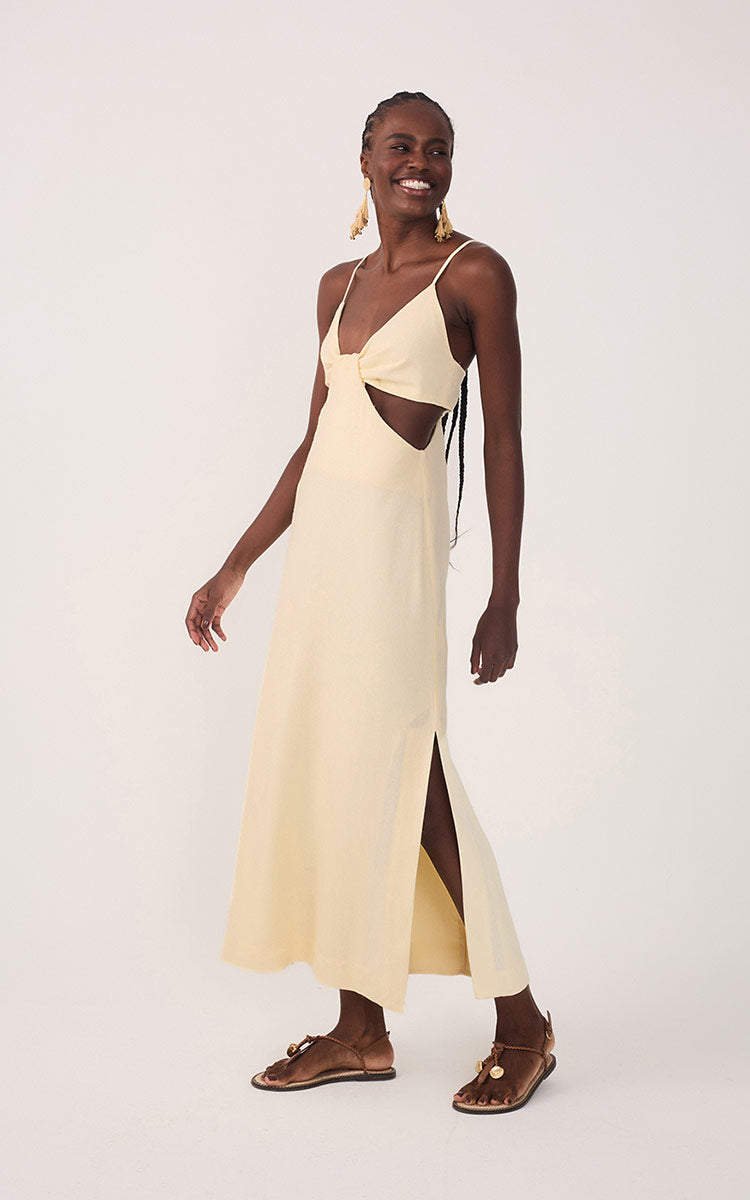 Beige Cut-Out Side Slits Linen Midi Dress_3
