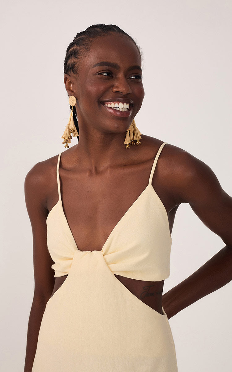 Beige Cut-Out Side Slits Linen Midi Dress_4