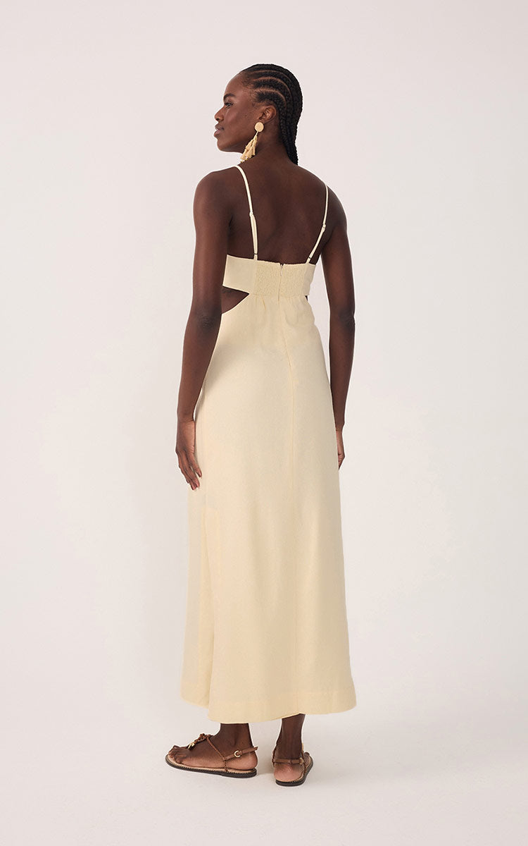 Beige Cut-Out Side Slits Linen Midi Dress_5