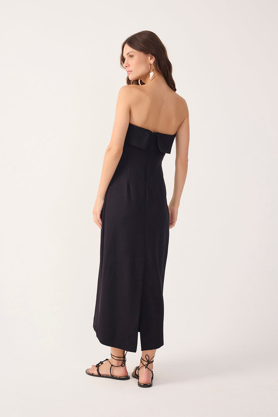 Black Strapless Pleats Midi Dress_6