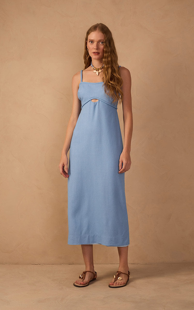 Blue Sleeveless Cut-Out Linen Midi Dress_1