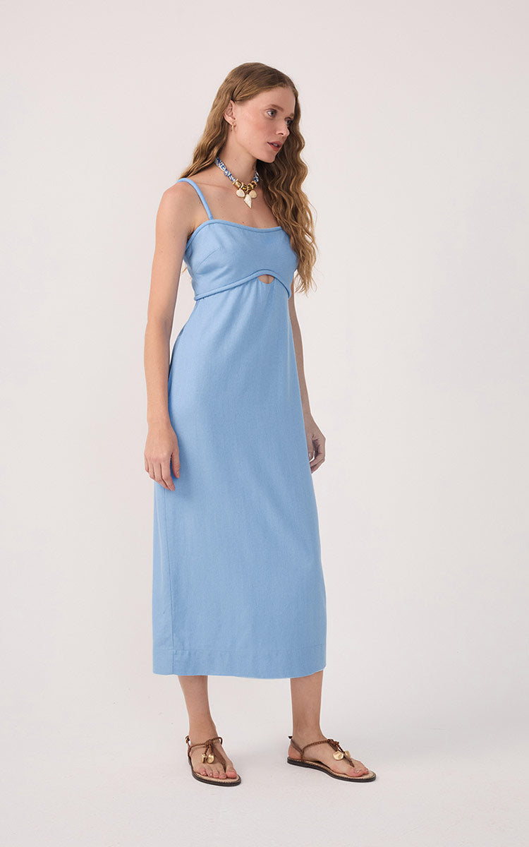 Blue Sleeveless Cut-Out Linen Midi Dress_2