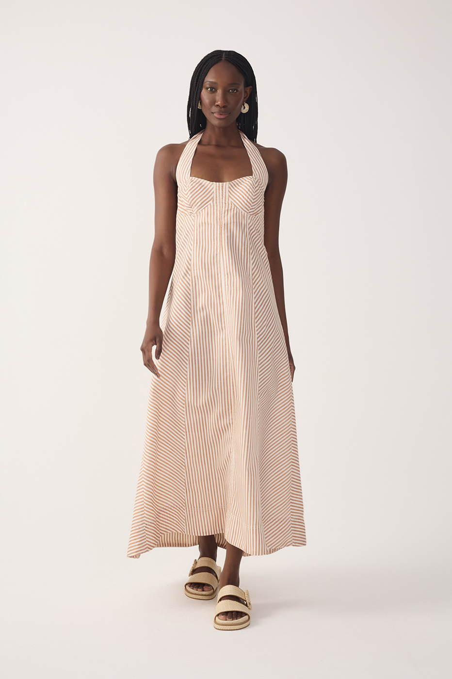Red Stripes Topstitching Twill Cotton Maxi Dress_2