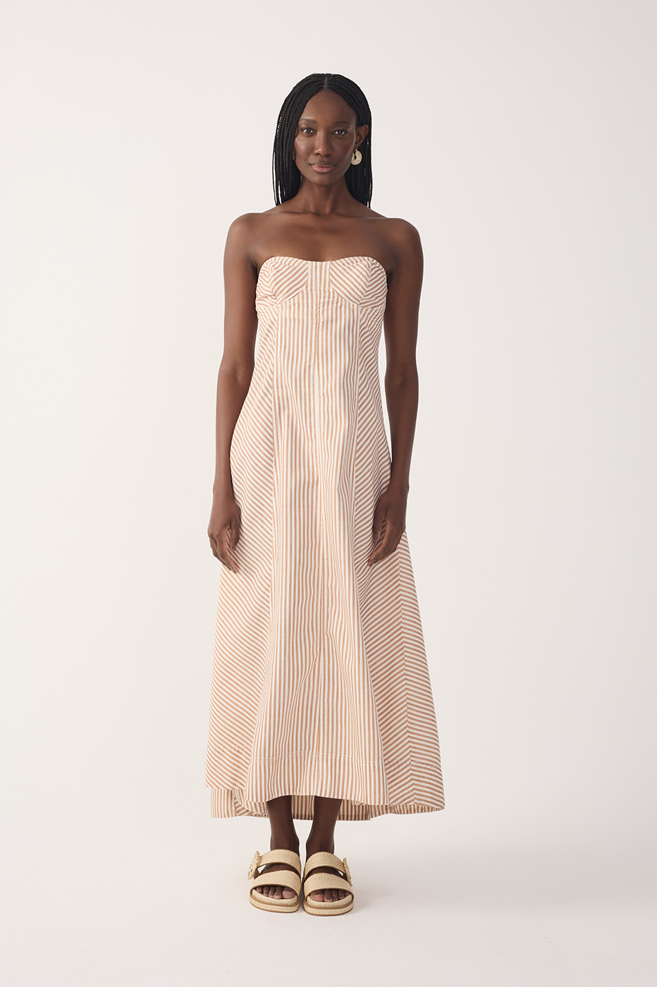 Red Stripes Topstitching Twill Cotton Maxi Dress_6