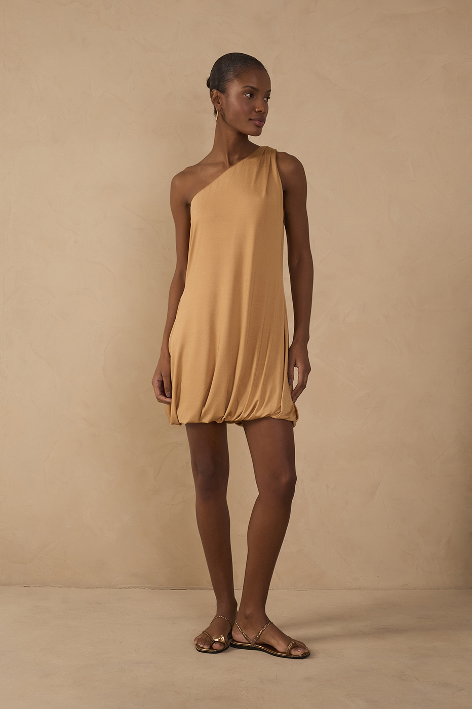 Beige One-Shoulder Balloon Mini Dress_1