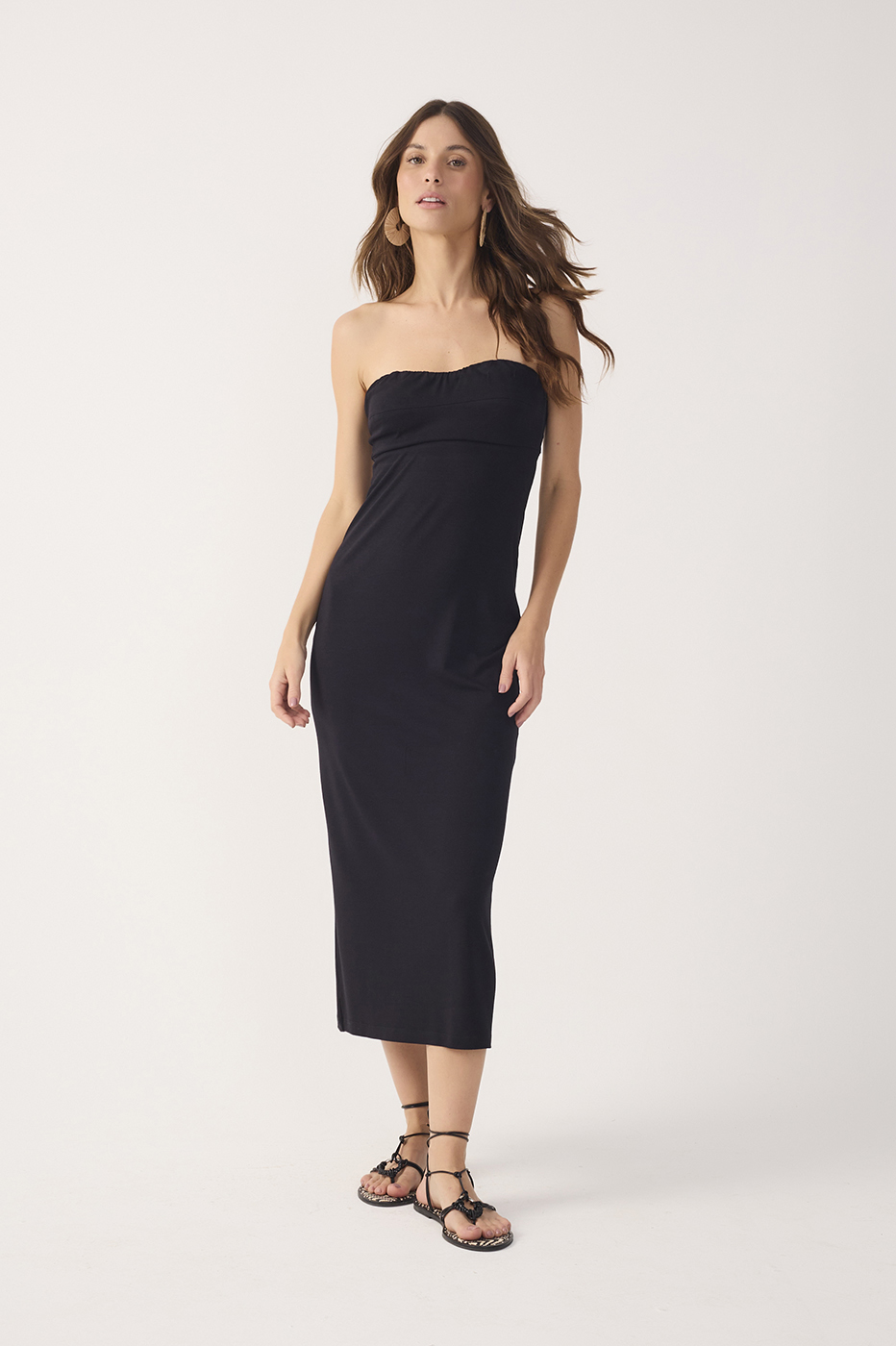 Black Strapless Back Ties Crepe Maxi Dress_2