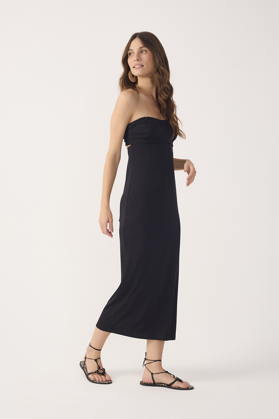 Black Strapless Back Ties Crepe Maxi Dress_3