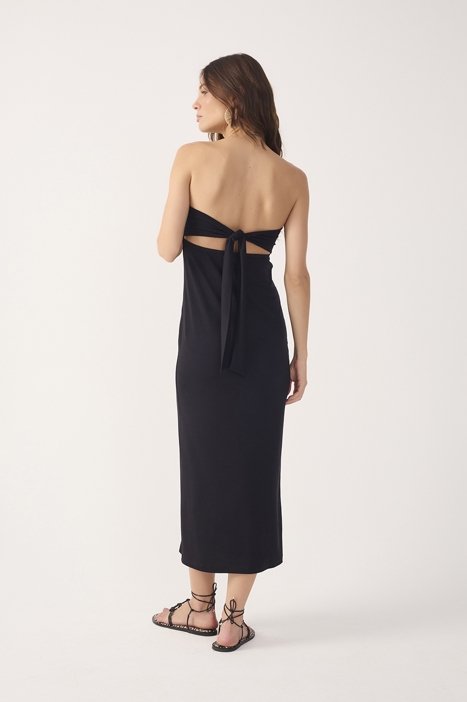 Black Strapless Back Ties Crepe Maxi Dress_6