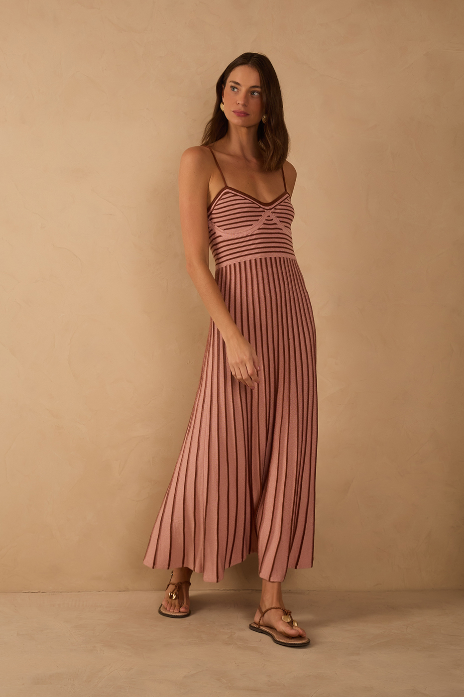 Pink Stripes Thin Straps Pleated Knit Midi Dress_1