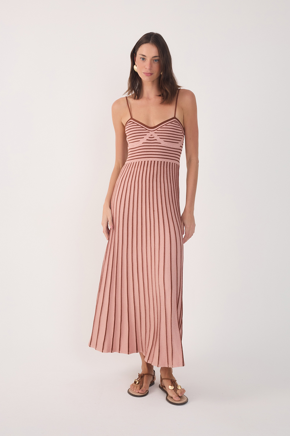 Pink Stripes Thin Straps Pleated Knit Midi Dress_2
