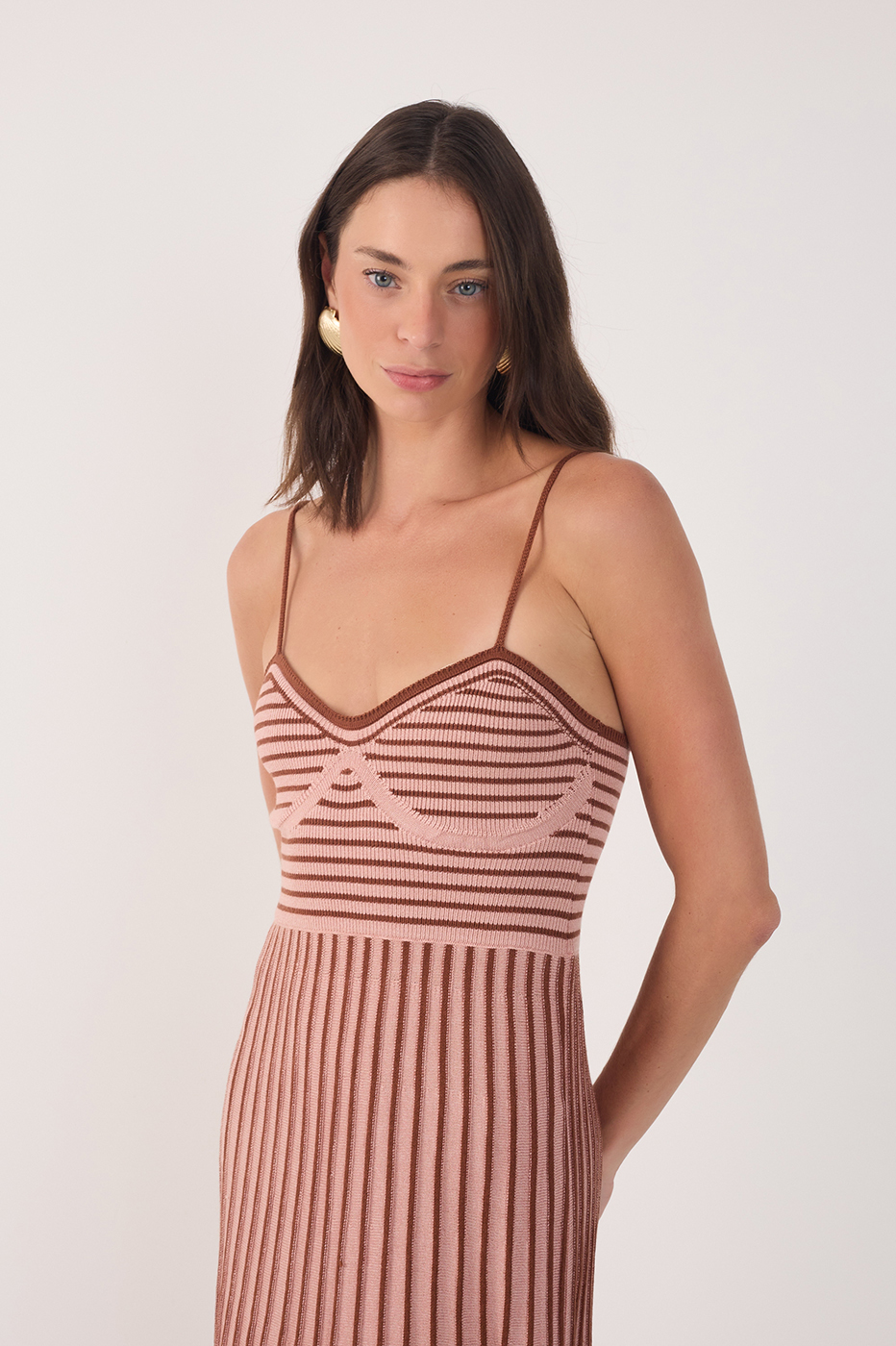 Pink Stripes Thin Straps Pleated Knit Midi Dress_3