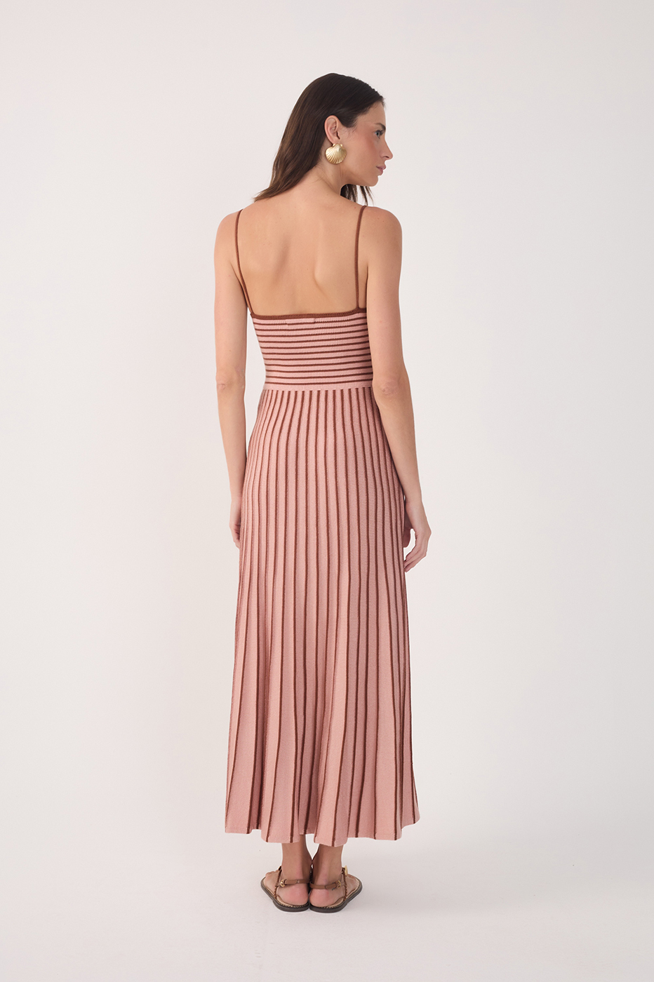 Pink Stripes Thin Straps Pleated Knit Midi Dress_5