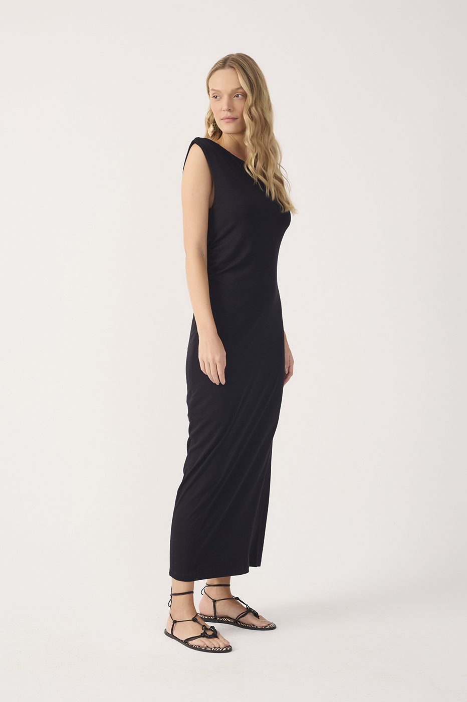 Black Sleeveless Crepe Slip Maxi Dress_3