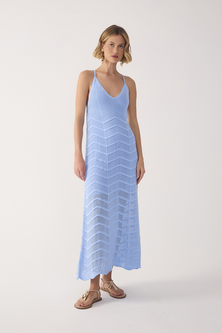 Blue V Neck Knit Midi Dress_2