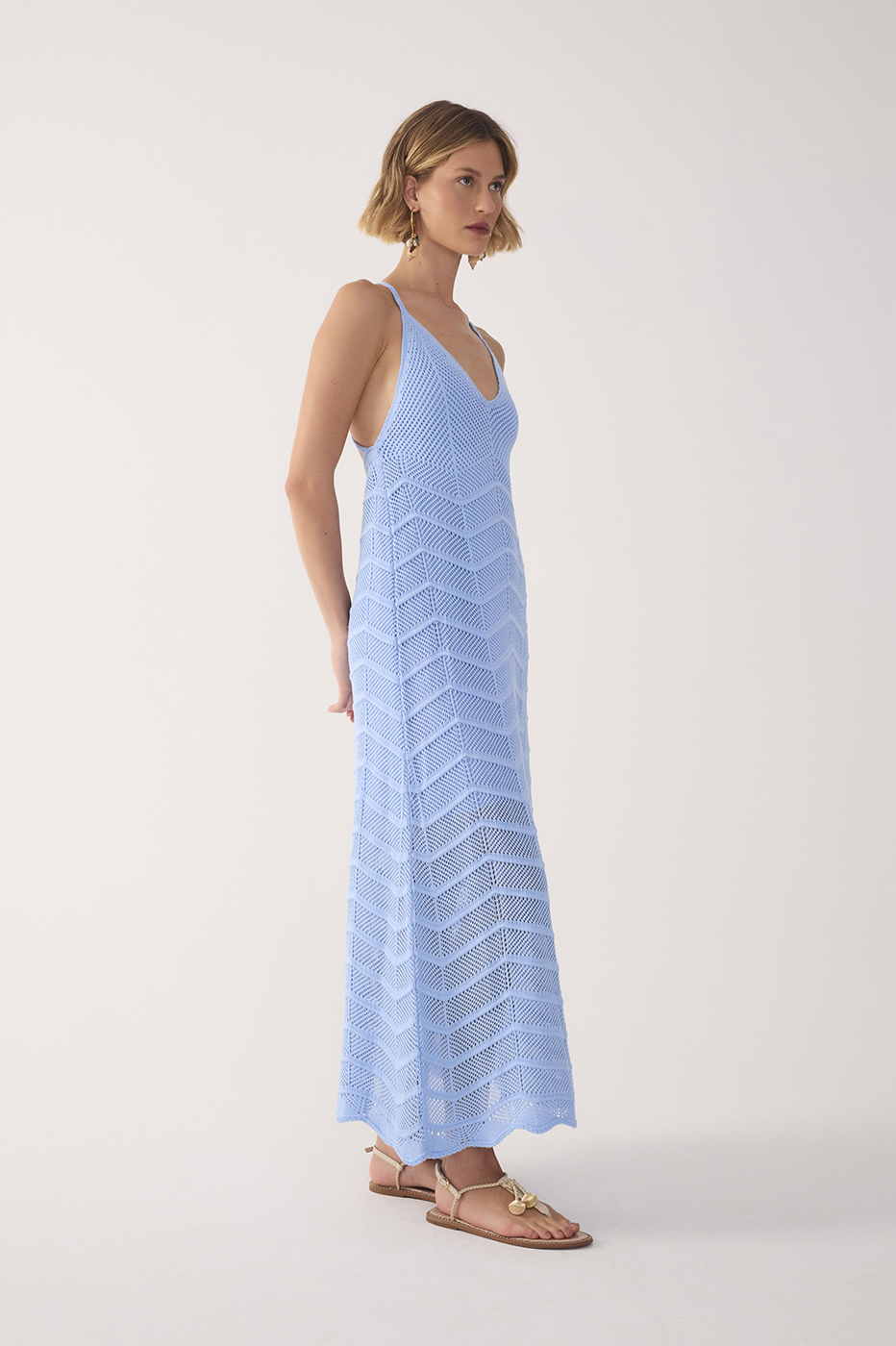 Blue V Neck Knit Midi Dress_3