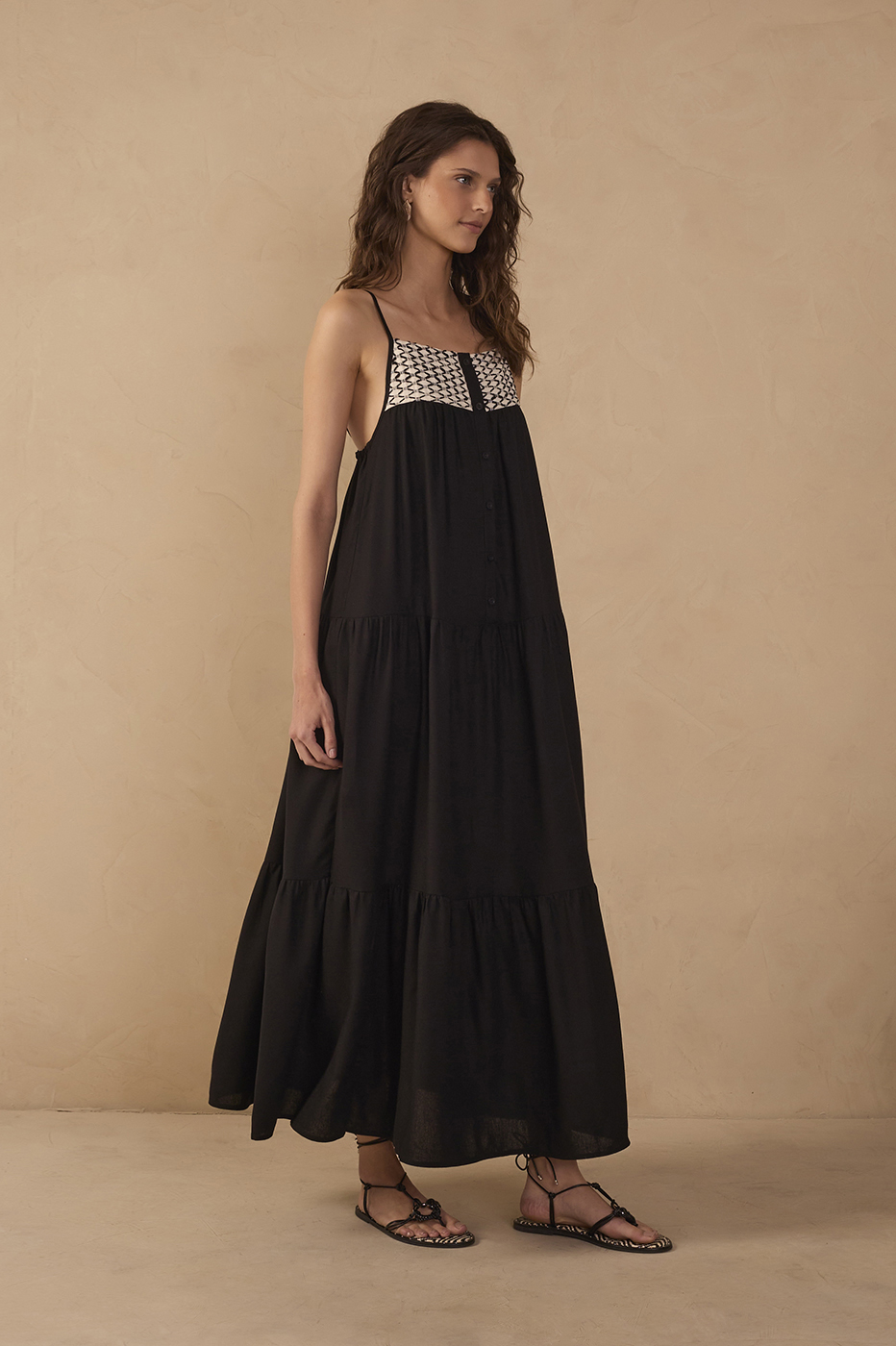  Black Embroidered Yoke Linen Maxi Dress_1