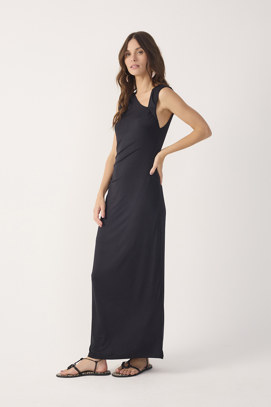 Black Jersey Twisted Shoulder Dress_3