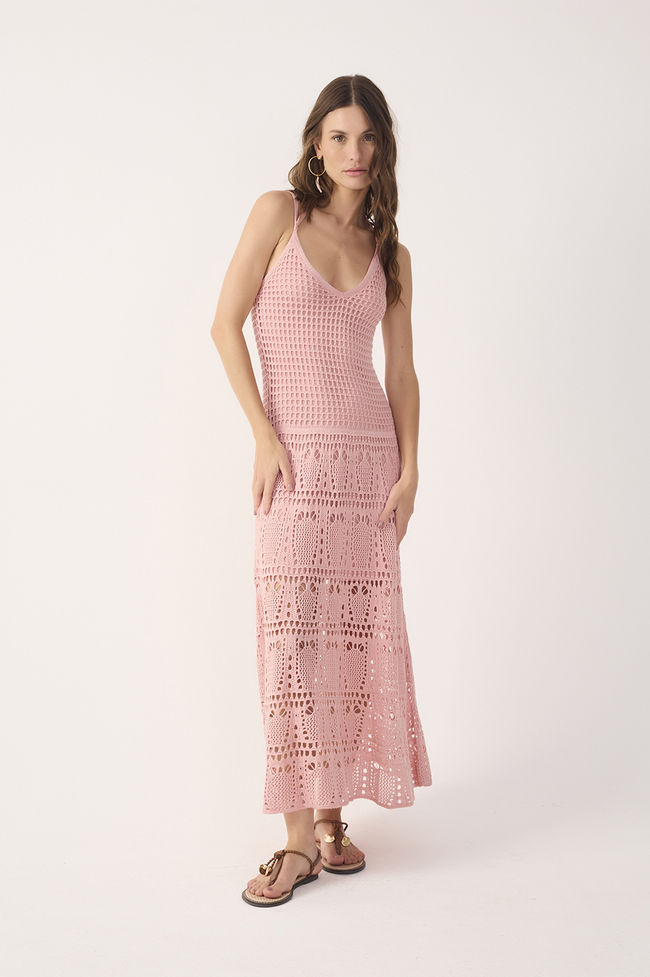 Pink V Neck Open Knit Maxi Dress_2